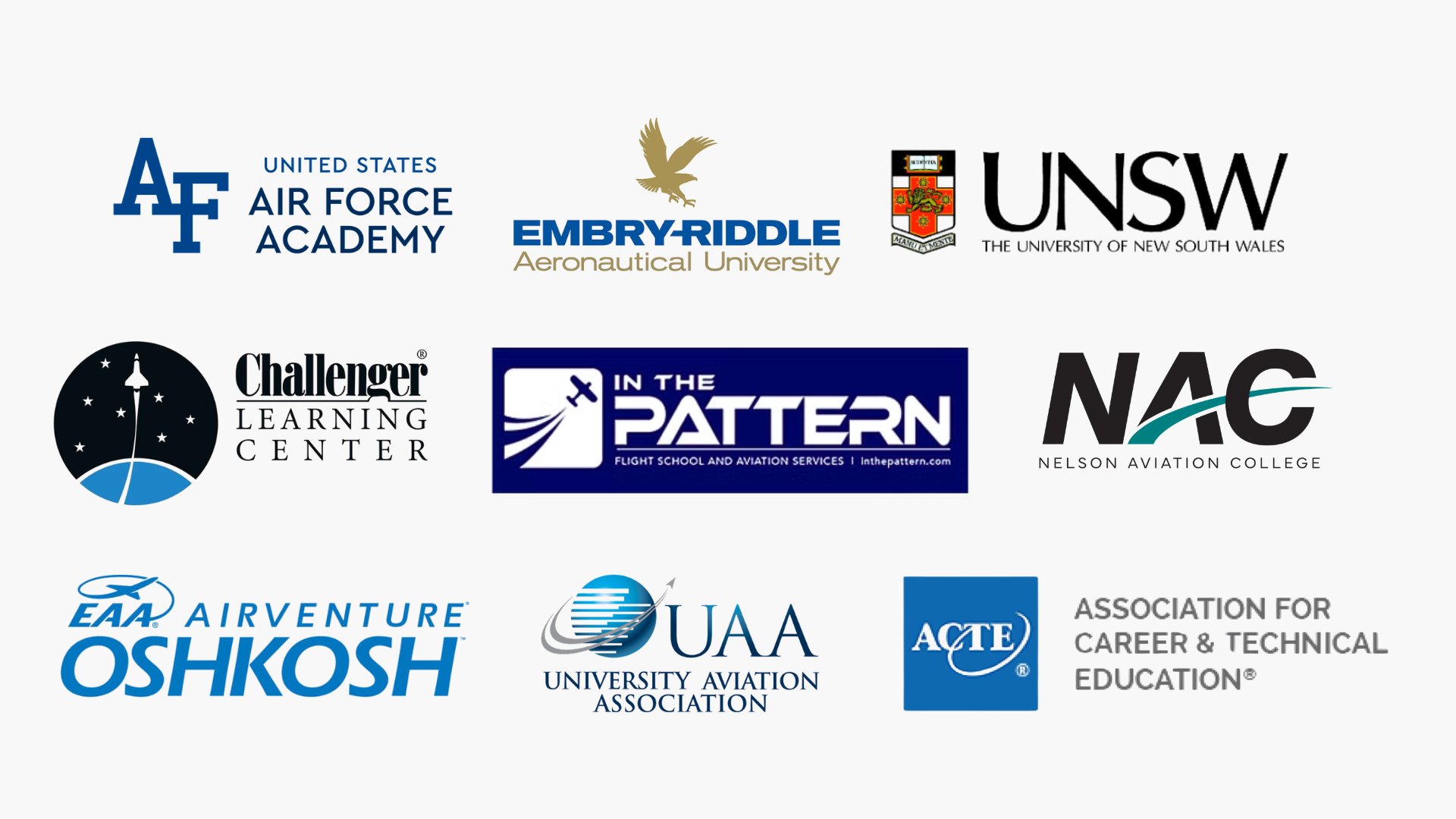 Institutional partners and event sponsorships including U.S. Air Force Academy, Embry-Riddle, UNSW School of Aviation, Challenger Learning Center, In The Pattern, Nelson Aviation College, EAA AirVenture Oshkosh, University Aviation Association, and Association for Career & Technical Education